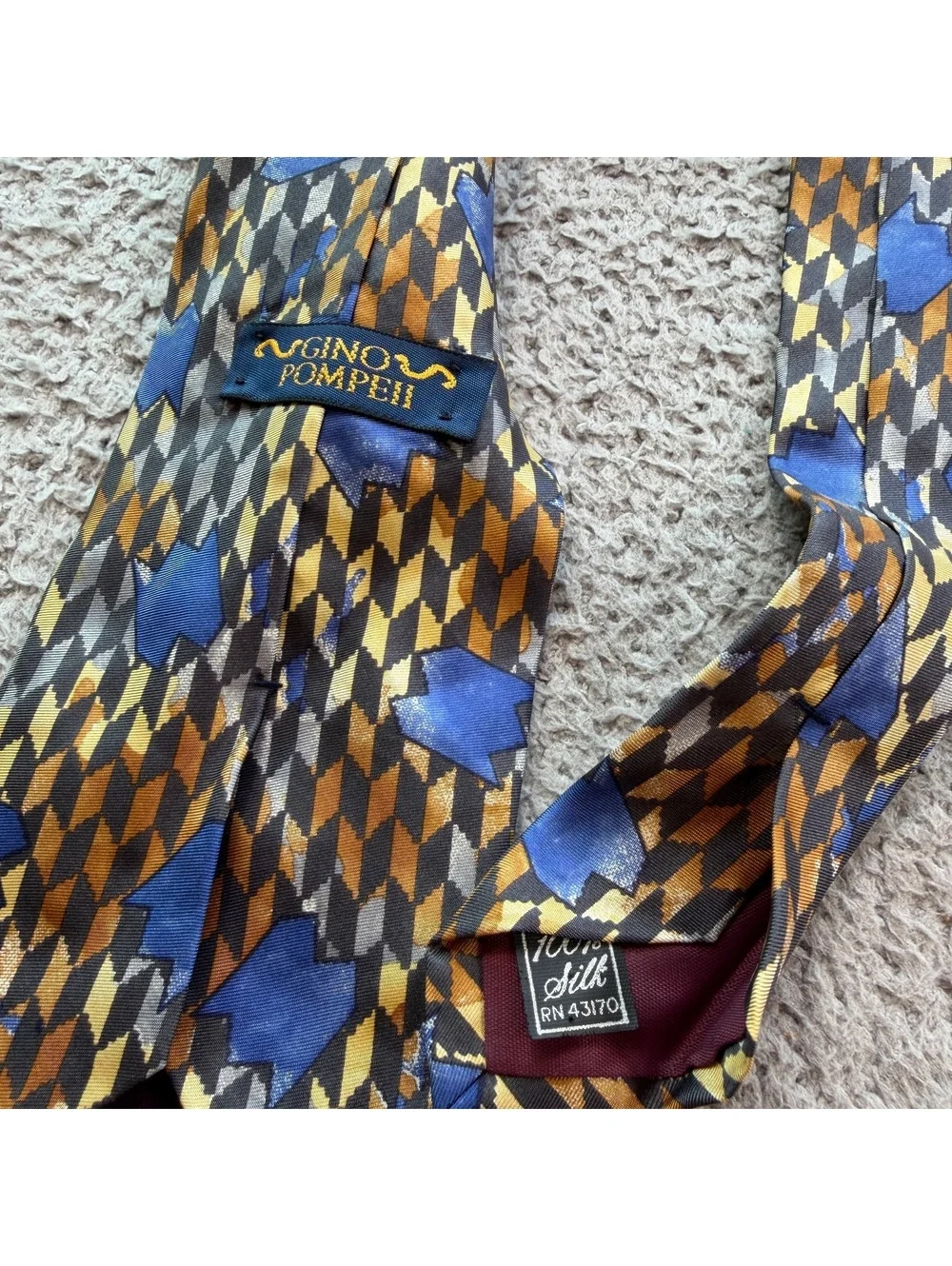 Vintage Gino Pompeii 100% Silk Geometric Abstract Wide Necktie Blue Gold Gray